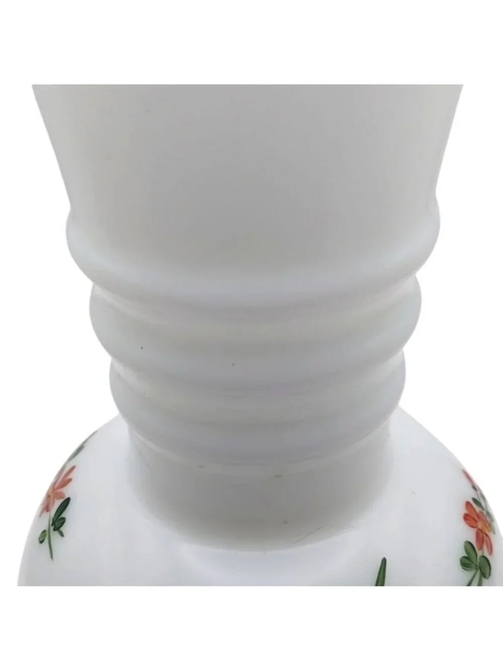 Vintage Hand Painted Floral Milk Glass Ball Vase Gold Trim Ribbed Neck Cottage - Picture 7 of 7